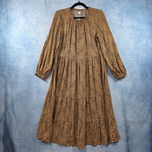 Old Navy Womens Leopard Print Tiered Midi Dress Tan Black Long Sleeve Size M